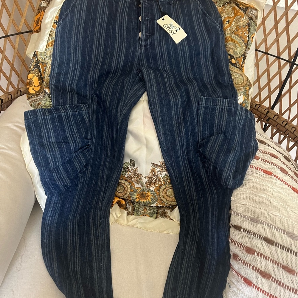 Jaded Gypsy Pinstripe Cargo Pants – NWT
Soft blue pinstripe